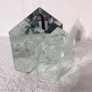 Vintage  Glass Mirror Candle Holder Snowflake Winter Decor